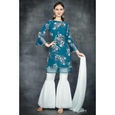 MOSAIC BLUE CHIFFON PRINTED SHIRT & GHARARA PANT SUIT