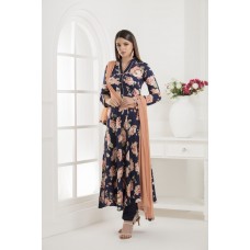NAVY BLUE & CORAL FLORAL LONG PRINTED SEASONABLE READY MADE SUIT