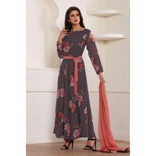 DARK GREY CIRCULAR FLORAL GEORGETTE READY MADE DRESS