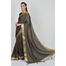 Dark Grey Embellished Stitched Saree