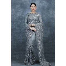 Dark Grey Embroidered Fancy Pakistani Saree