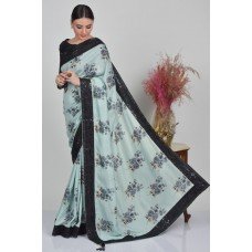 Mint & Black Floral Printed Designer Saree