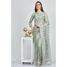 Light Green Gracefully Embroidered Net Saree