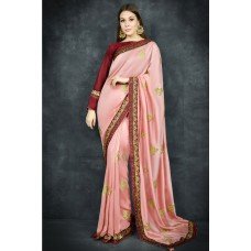 CORAL PINK & MAROON DAZZLING INDIAN PARTY/EVENING WEAR READY MADE SAREE