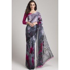 STUNNING GREY AND PLUM PRINTED SAREE