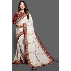 BRILLIANT WHITE & MAROON EMBROIDERED BLOUSE READYMADE WEDDING SAREE