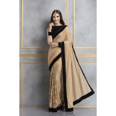 CUBAN SAND AND BLACK GOLDEN PEARL LACE EMBROIDERED WEDDING SAREE