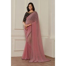 ZIDC-410 PRECIOUS PINK AND BLACK CONTRAST MATCHING BLOUSE READY MADE SAREE