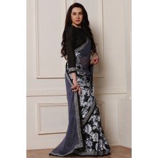 ZIDC-408 DASHING NEW BLACK AND GREY PRINTED GEORGETTE READY TO WEAR SAREE