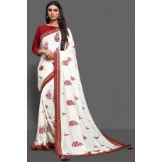 FLAMED SCARLET & OFF WHITE DESIGNER PARTY READYMADE SAREE