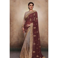 ZIDC-456 DUSTY GOLD AND MAROON HEAVY GEORGETTE READY MADE ASIAN WEDDING SAREE