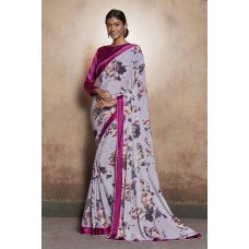 ZIDC-452 QUIET GREY FLORAL PRINT SAREE WITH READY MADE SATIN BLOUSE 