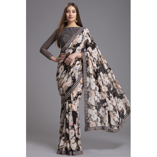 BLACK FLORAL PRINTED EVERYDAY WEAR SAREE