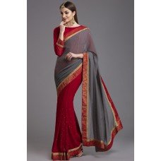 ZIDC-421 RED AND DARK GREY PAKISTANI PARTY SAREE 