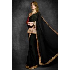 Black Saree With Golden Border & Maroon Blouse Stitched Saree