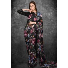 Black Floral Printed Indian Evening Cocktail Saree