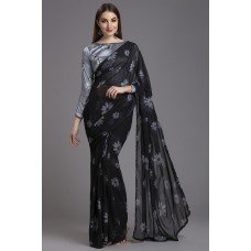 ZIDC-554 BLACK GREY DESIGNER FLORAL SAREE