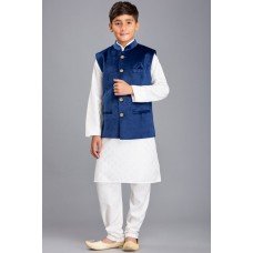 Blue Waistcoat White Salwar Kameez Boys Suit Set