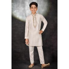 White Gold Embroidered Kids Kurta Pajama Set