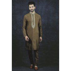 Brown Embroidered Mens Indo Western Kurta Pajama Suit