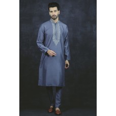 Dark Grey Embroidered Kurta Indian Men's Pajama Suit