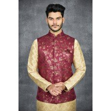 Maroon Waistcoat Jamawar Menswear