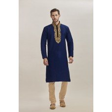 NAVY BLUE POLYESTER EMBROIDERED INDIAN READY MAD KURTA AND PAJAMA