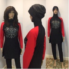 Red Long Sleeve Muslim Islamic Full Cover Black Costume Modest Swimwear Burkini