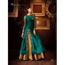 TEAL AND GOLD PREMIUM SILK EMBROIDERED READY MADE DRESS (LARGE SIZE)