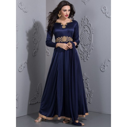 Blue Embroidered Satin Stitched Party Wear Gown - Freyaa - 3065462