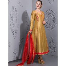 BEIGE AND PEACH EMBROIDERED STYLISH MAXI WEDDING WEAR DRESS