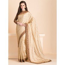 ZIDS-17 SUBTLE BEIGE SAREE WITH A JACKET STYLE FULL SLEEVES BLOUSE (READY MADE)