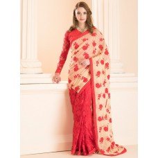 ZIDS-21 RED AND BEIGE HALF AND HALF PARTY WEAR READY MADE SAREE