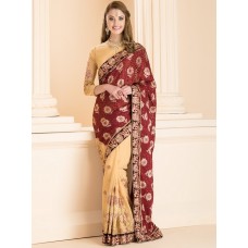 ZIDS-23 MAROON STUNNING FORMAL HALF AND HALF SAREE WITH DELICATELY EMBROIDERED BLOUSE
