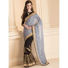 IDS-22 GREY AND BLACK HALF AND HALF SAREE WITH FULL SLEEVE BLOUSE