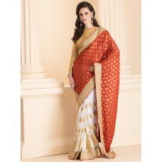 ZIDS-24 RED AND WHITE CONTRAST HALF AND HALF SAREE WITH GOLD BLOUSE